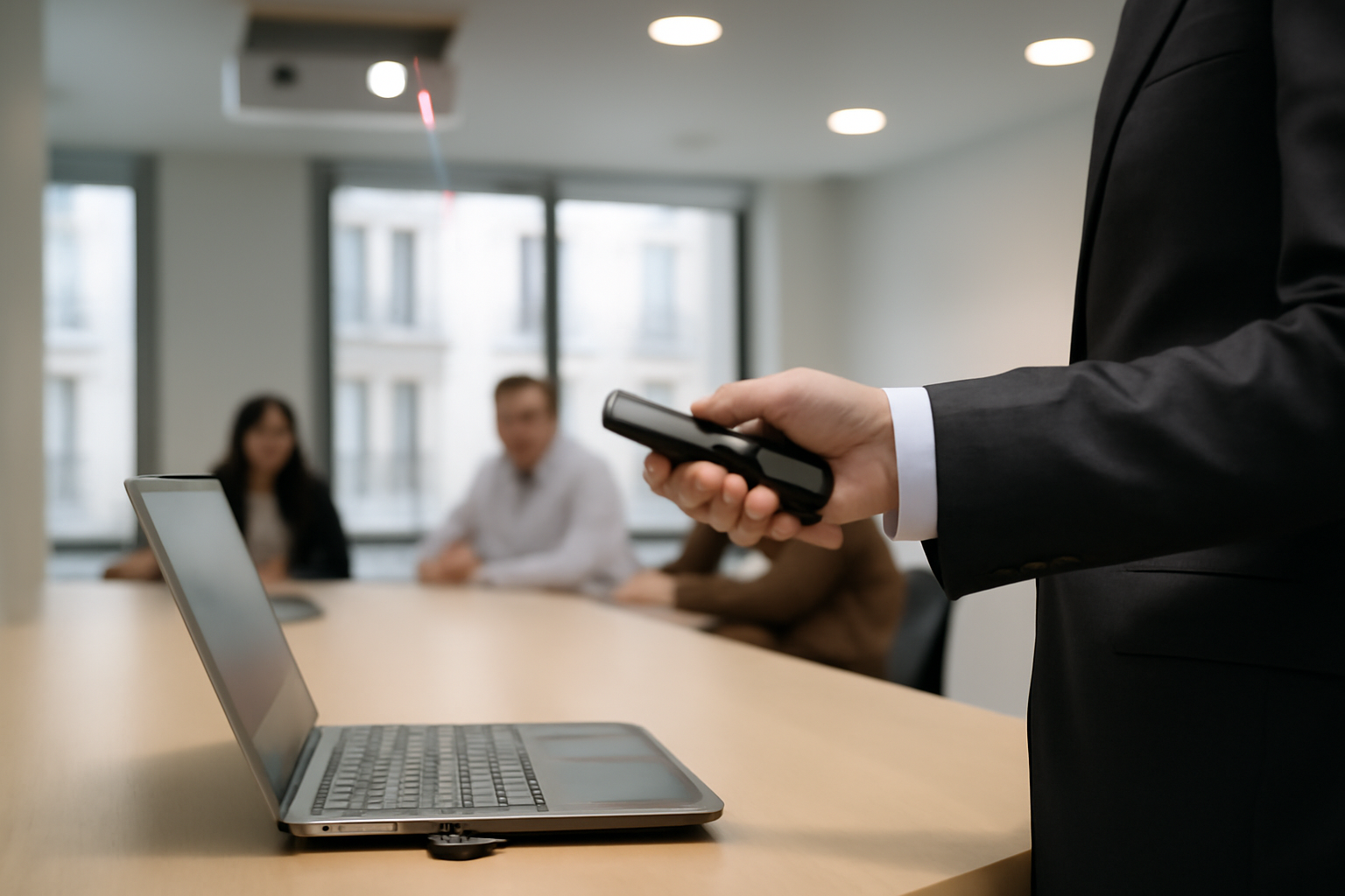 Télécommande 2,4 GHz pour PC utilisée en présentation avec récepteur USB sur un ordinateur portable en salle de réunion