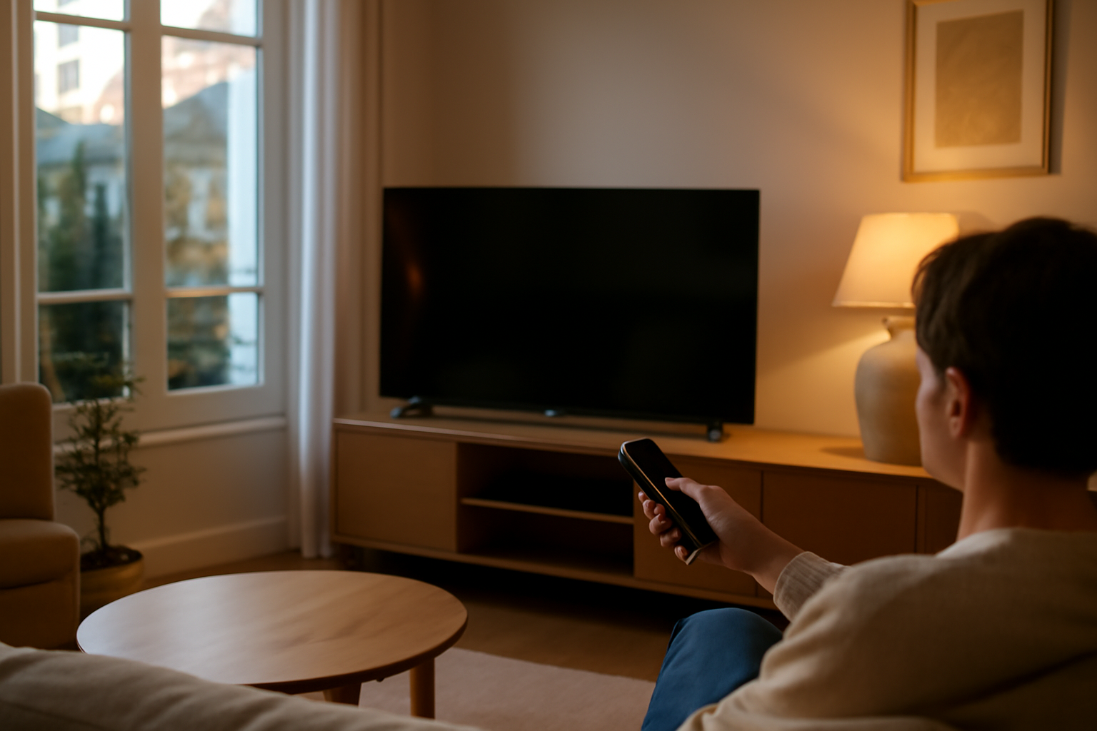 Télécommande IR pour PC utilisée depuis un canapé face à un capteur sur un téléviseur