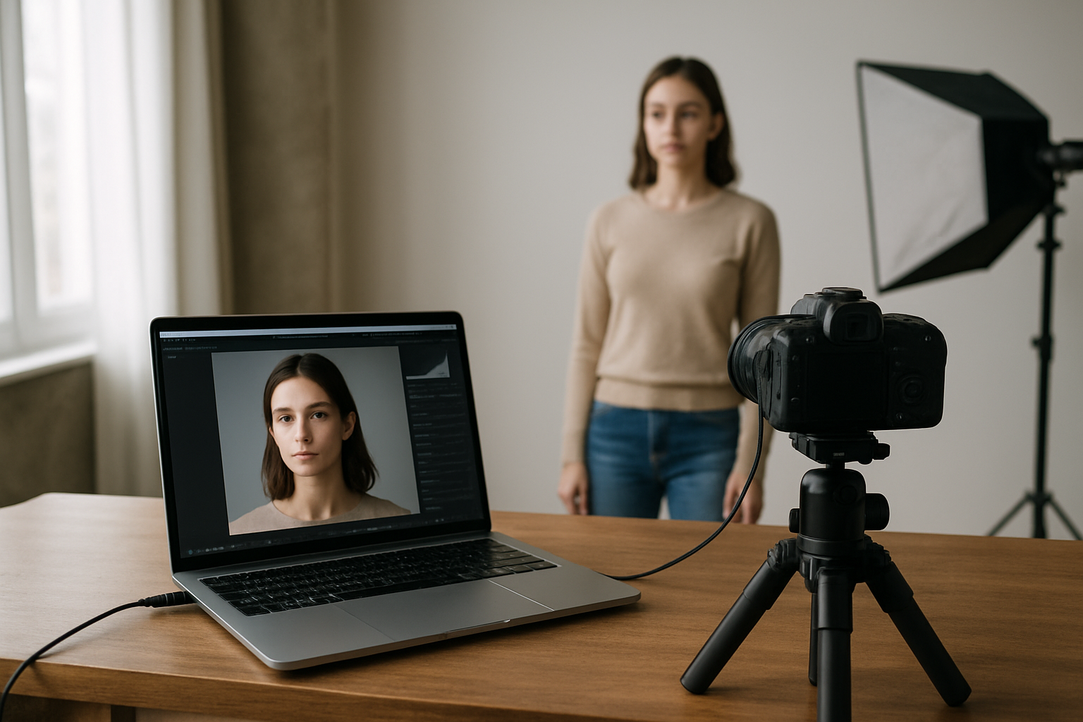 Photographe en studio utilisant un ordinateur avec Capture One pour valider des images en tethering
