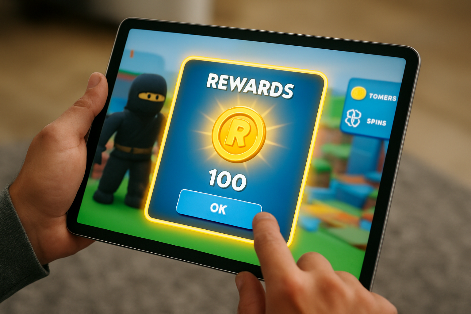 Spins et récompenses affichés après échange d’un code dans un jeu Roblox, interface de récompense en surbrillance