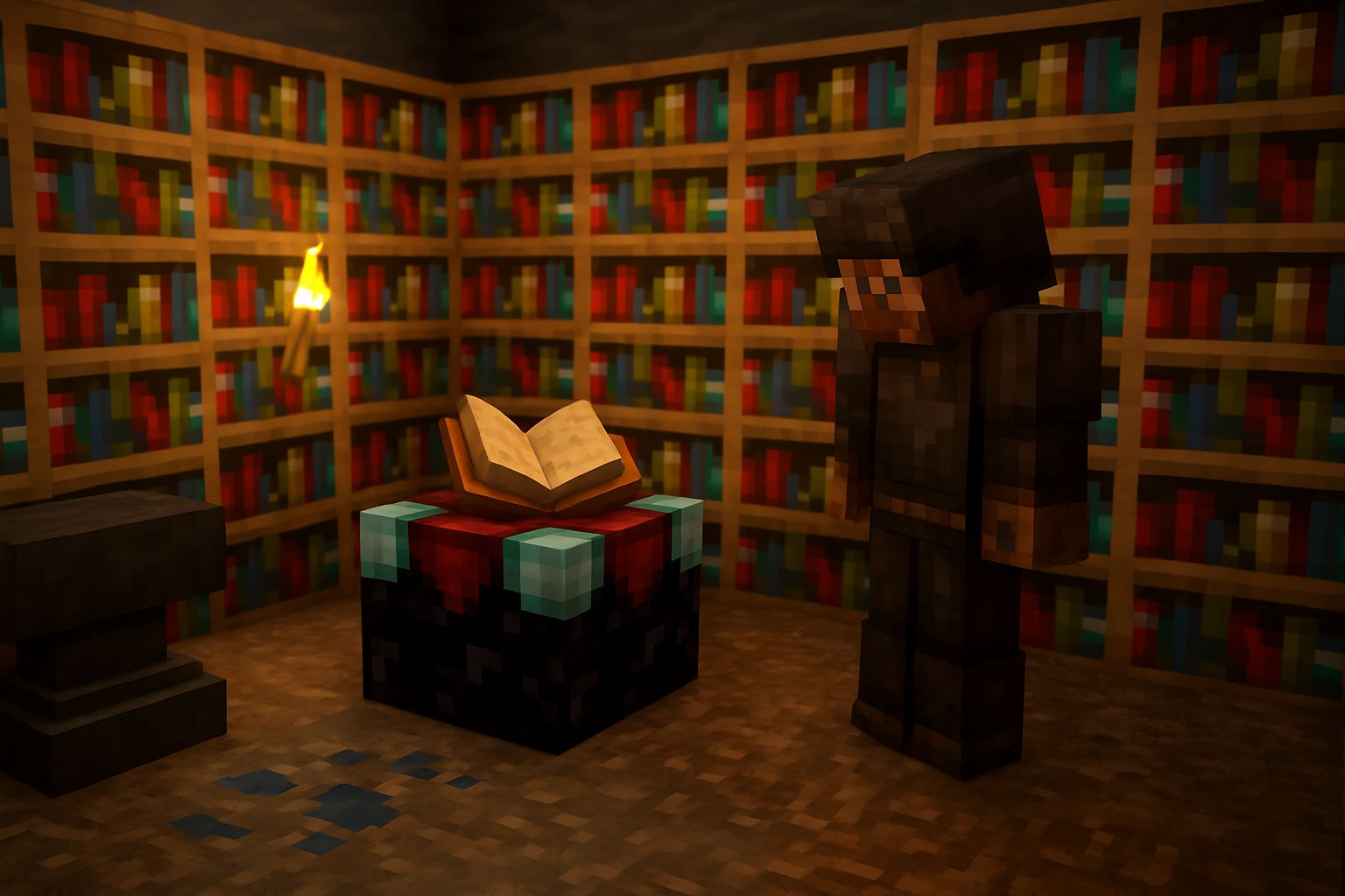 Table d’enchantement entourée de bibliothèques et joueur tenant un livre enchanté, lumière de torches, ambiance Minecraft réaliste