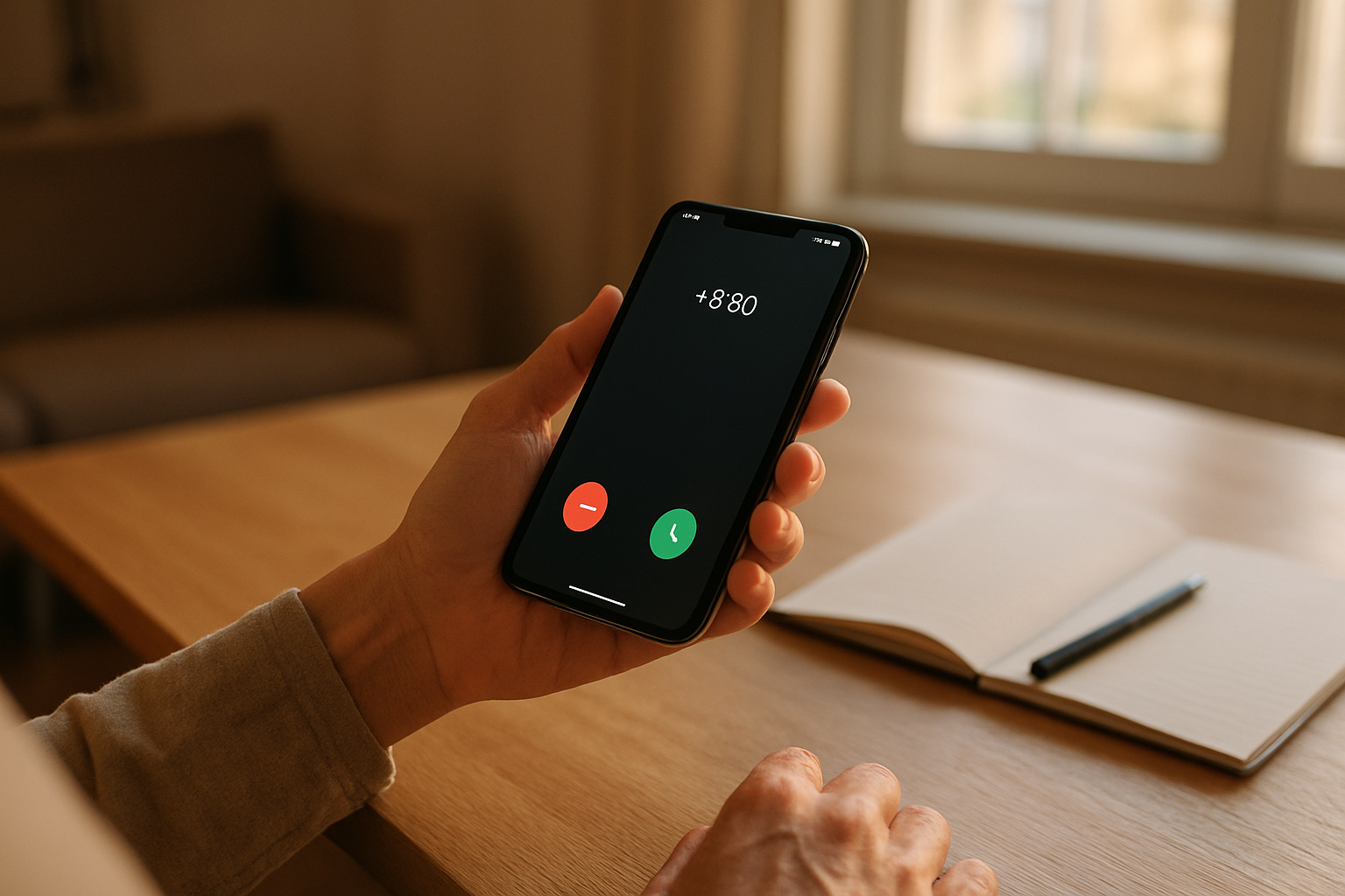 Appel entrant affichant +880 sur un smartphone, notification claire sur l’écran, lumière de fin d’après-midi, personne lisant le journal d’appels