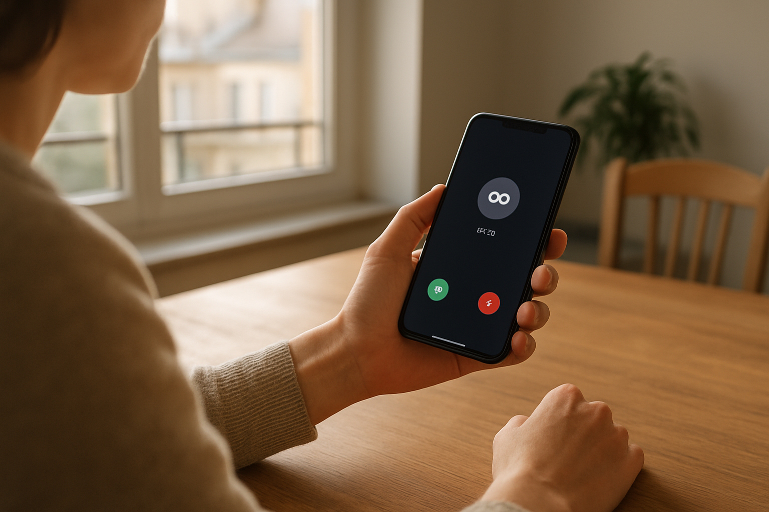 Personne consultant son téléphone et écoutant des messages vocaux Free Mobile dans un environnement calme