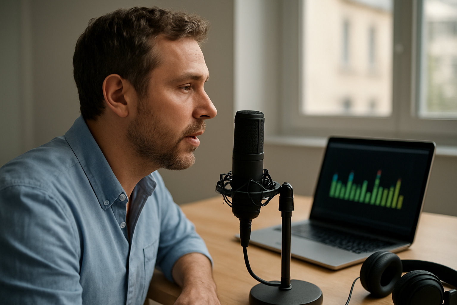 Vérification d’un microphone test sur un ordinateur portable, barres de niveau visibles et casque posé sur un bureau