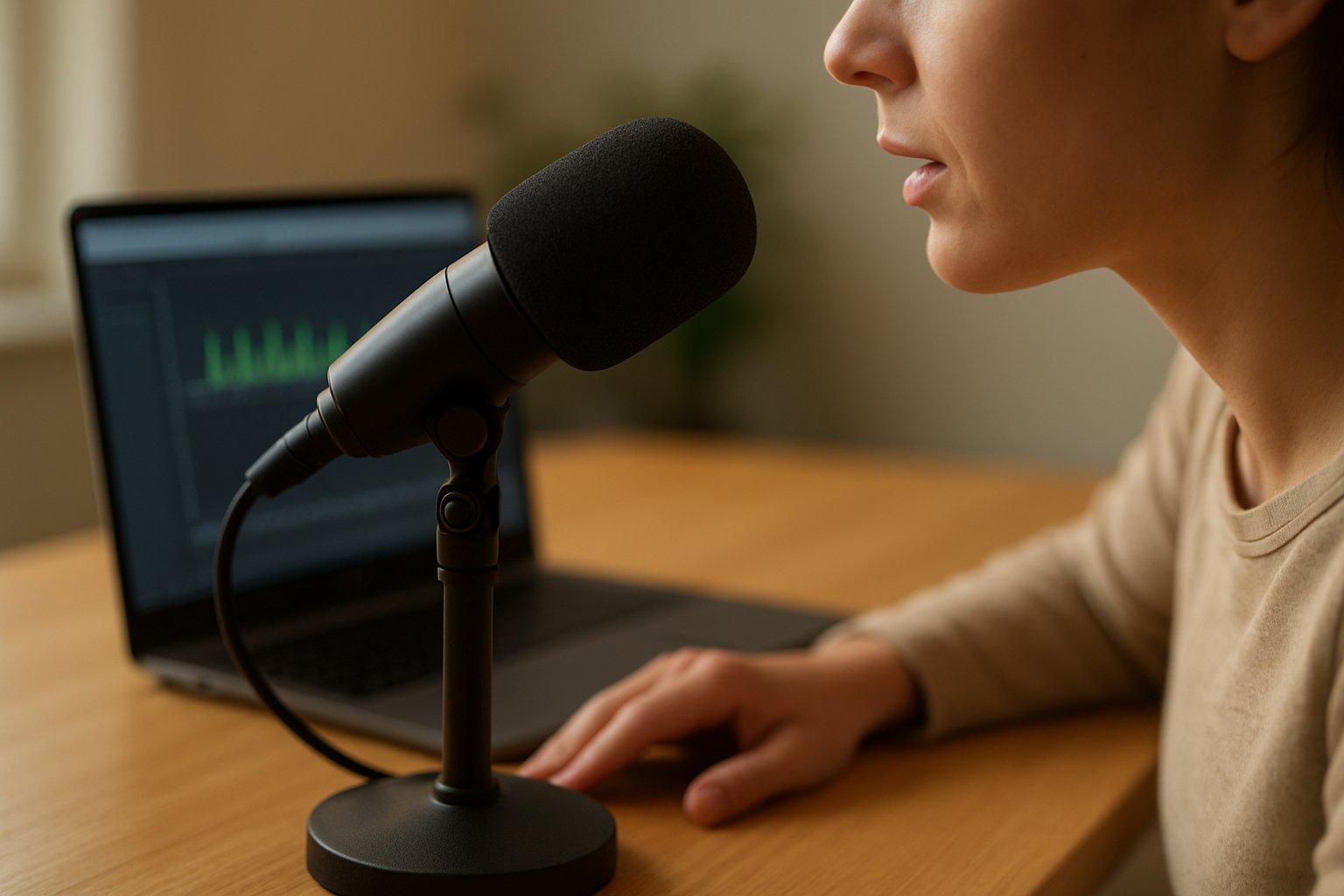 Réglage de distance et angle d’un microphone de bureau pendant un microphone test, barres de niveau en arrière-plan