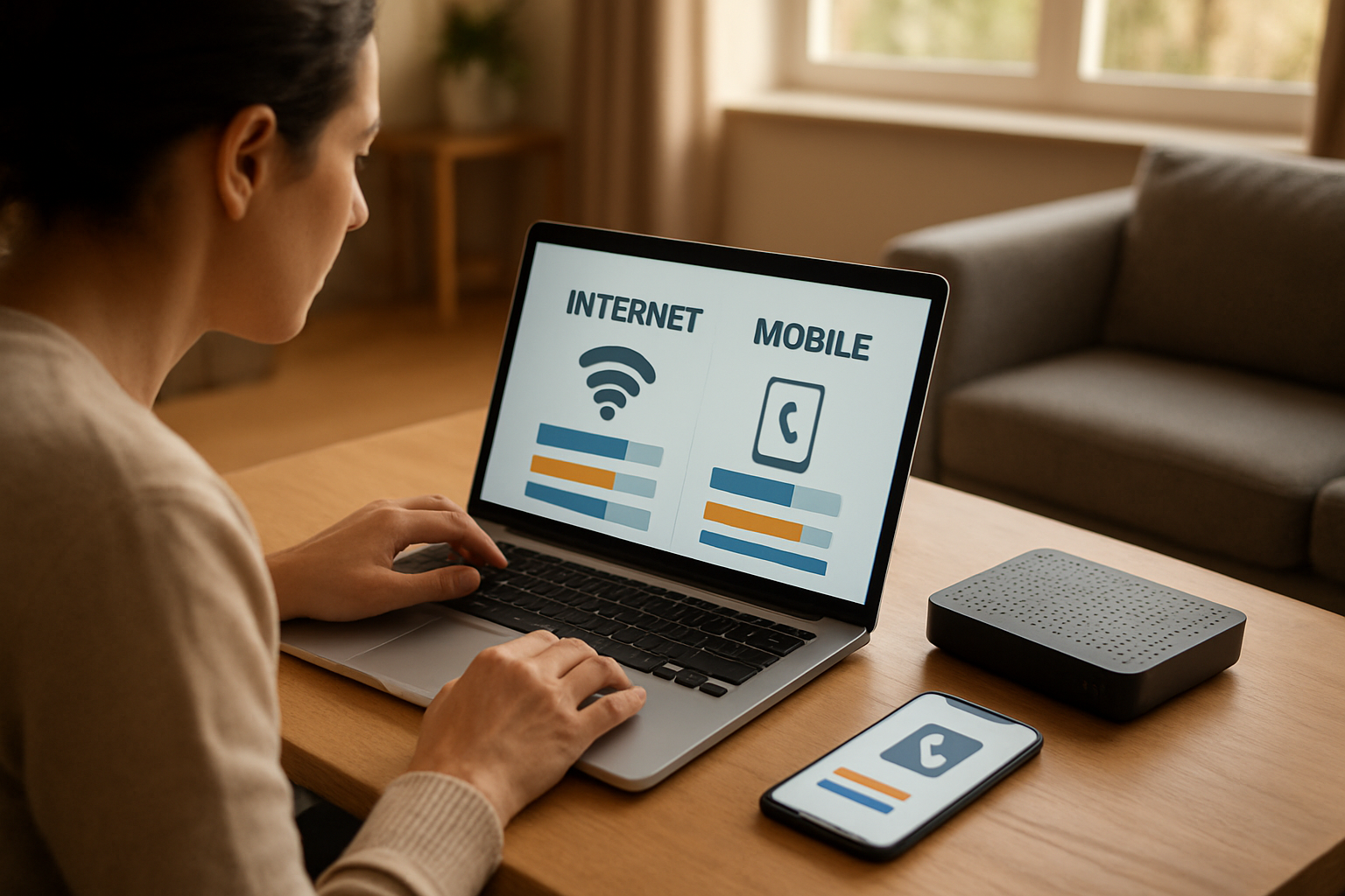 Comparatif Free France : box internet et smartphone sur une table, lumière naturelle, scène photo réaliste