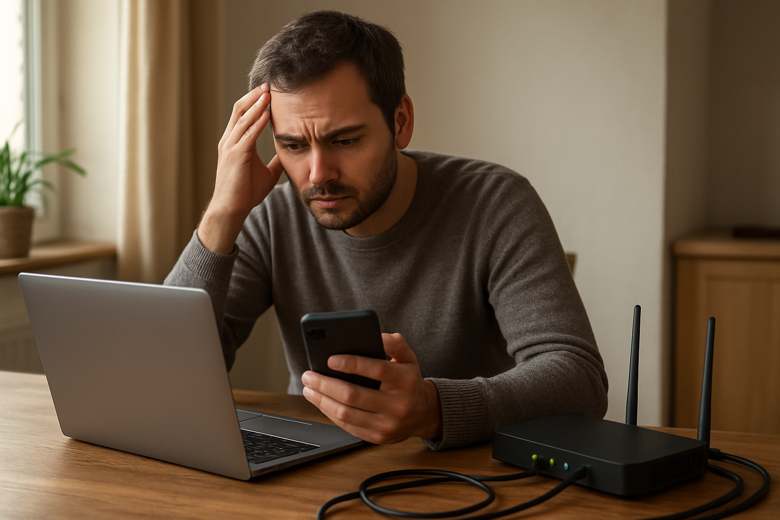 Dépannage Wi‑Fi : ordinateur portable et smartphone, box internet avec voyants allumés, scène photo réaliste