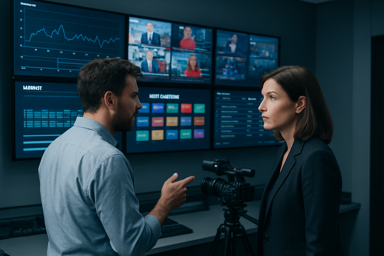 Équipe technique examinant un tableau de diffusion vidéo sur un écran, environnement média en salle de contrôle