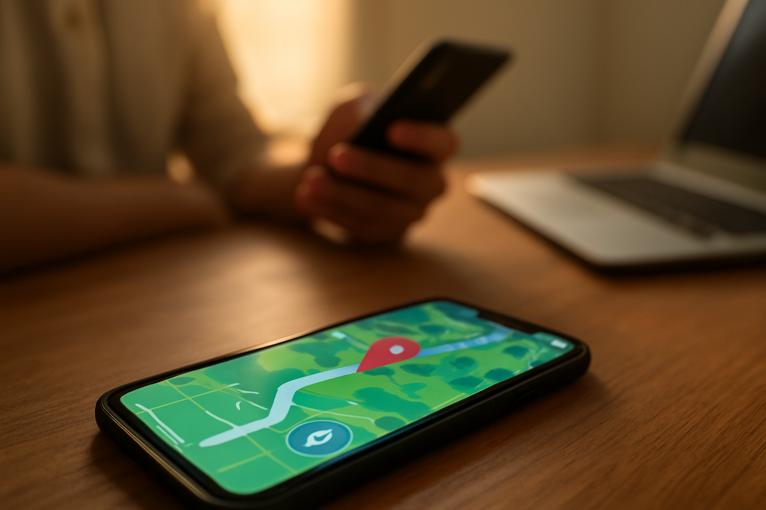 Téléphone Android affichant une carte Pokémon GO avec une position simulée, lumière naturelle sur une table