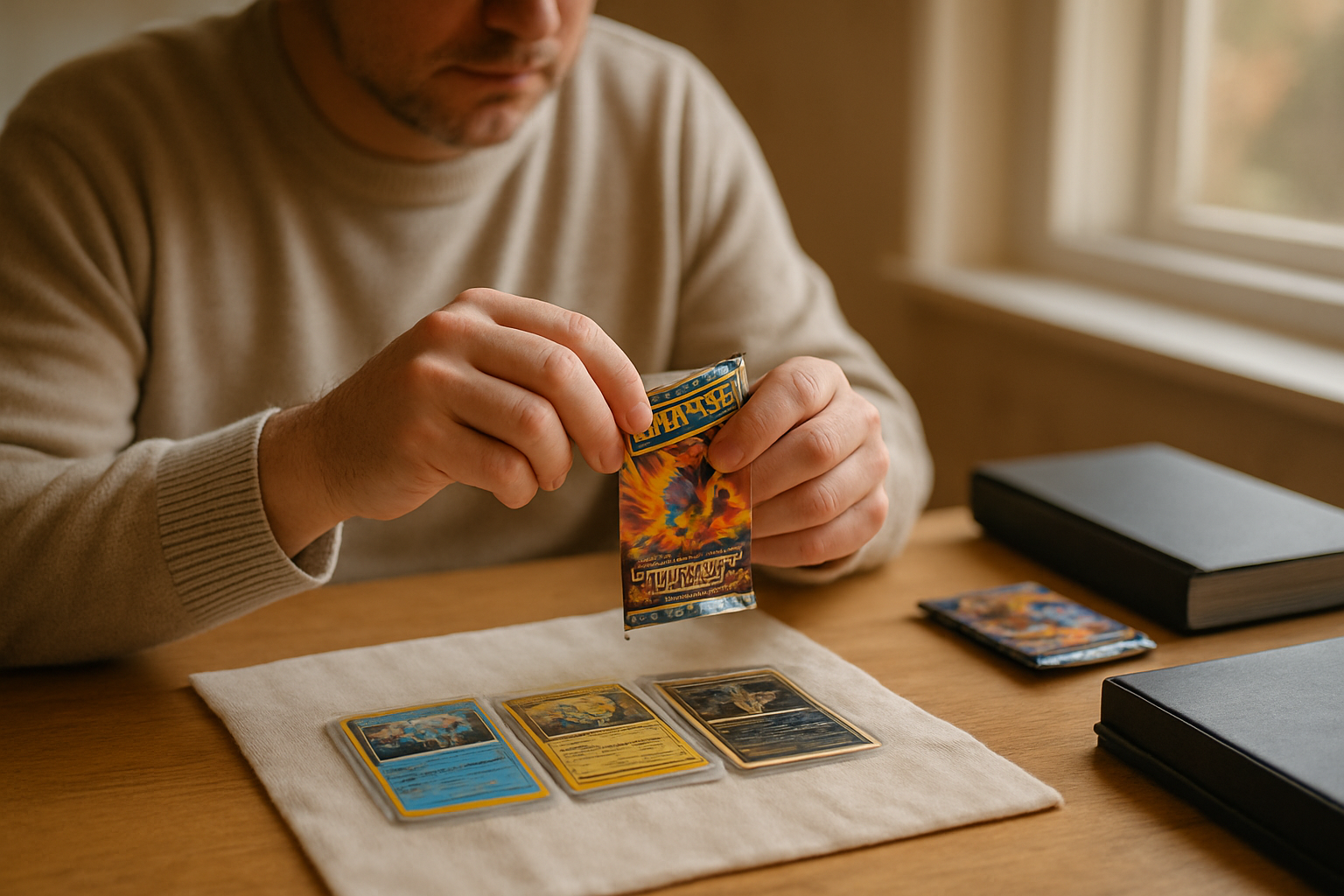 Cartes Pokémon Flammes Fantasmagoriques disposées sur une table, boîtes et boosters, lumière naturelle
