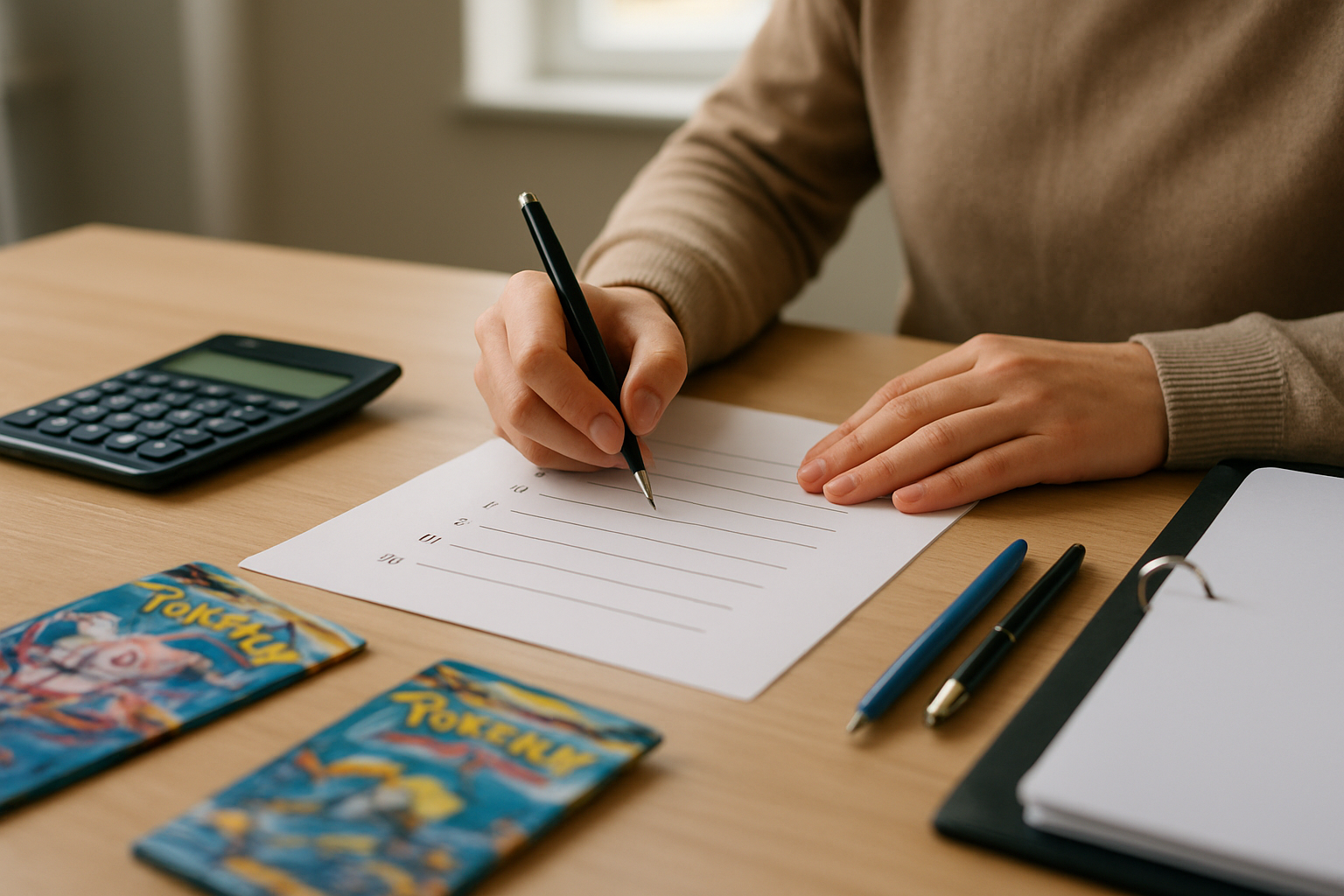 Checklist imprimée avec numéros de cartes et raretés, pochettes de cartes, calculatrice à côté