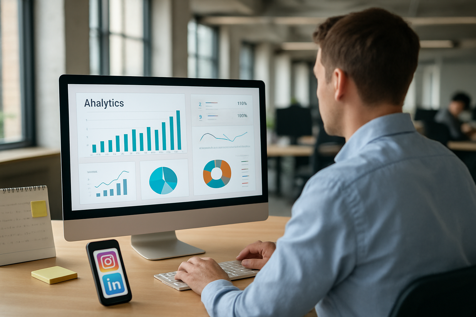 Une personne gère un tableau de bord d’analytics sur ordinateur, avec un smartphone affichant Instagram et LinkedIn, en bureau lumineux